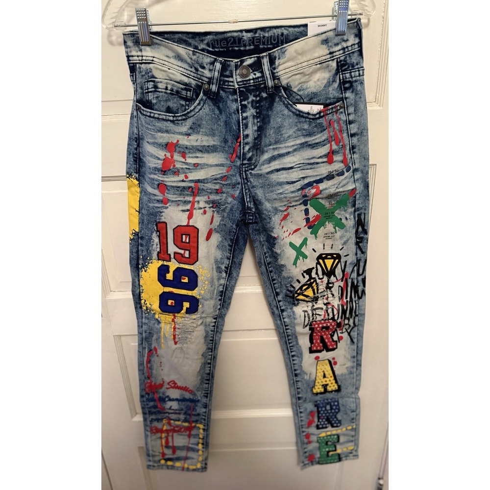 Rue21 Premium Skinny Acid Wash Graphic Jeans Blue Multicolor‎ Denim grunge 32x32